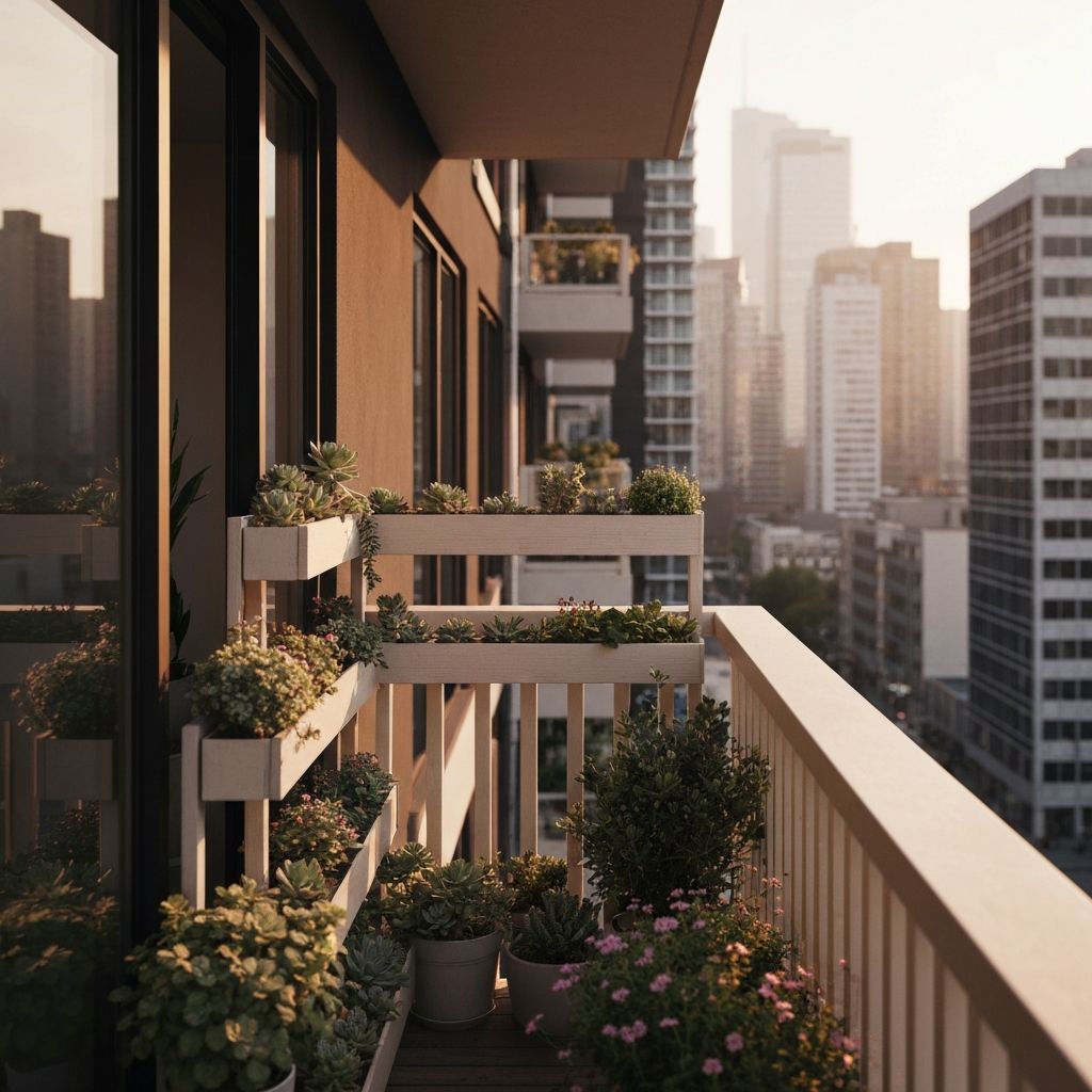 Kleiner urbaner Balkon mit bepflanzten Regalen, verschiedene Sukkulenten, Stadtansicht im Hintergrund