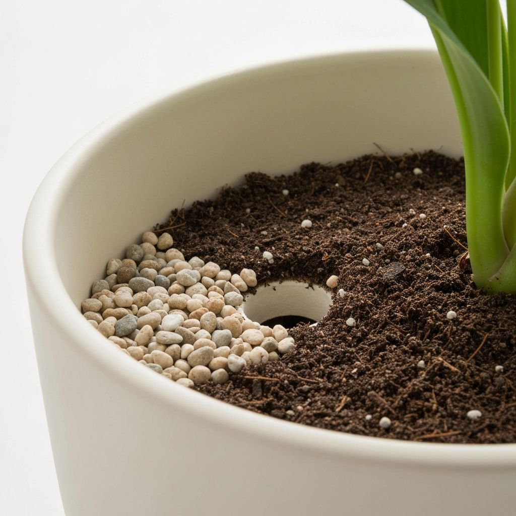 Drainagesystem in Topf mit Kieselsteinen und Erde, Nahaufnahme