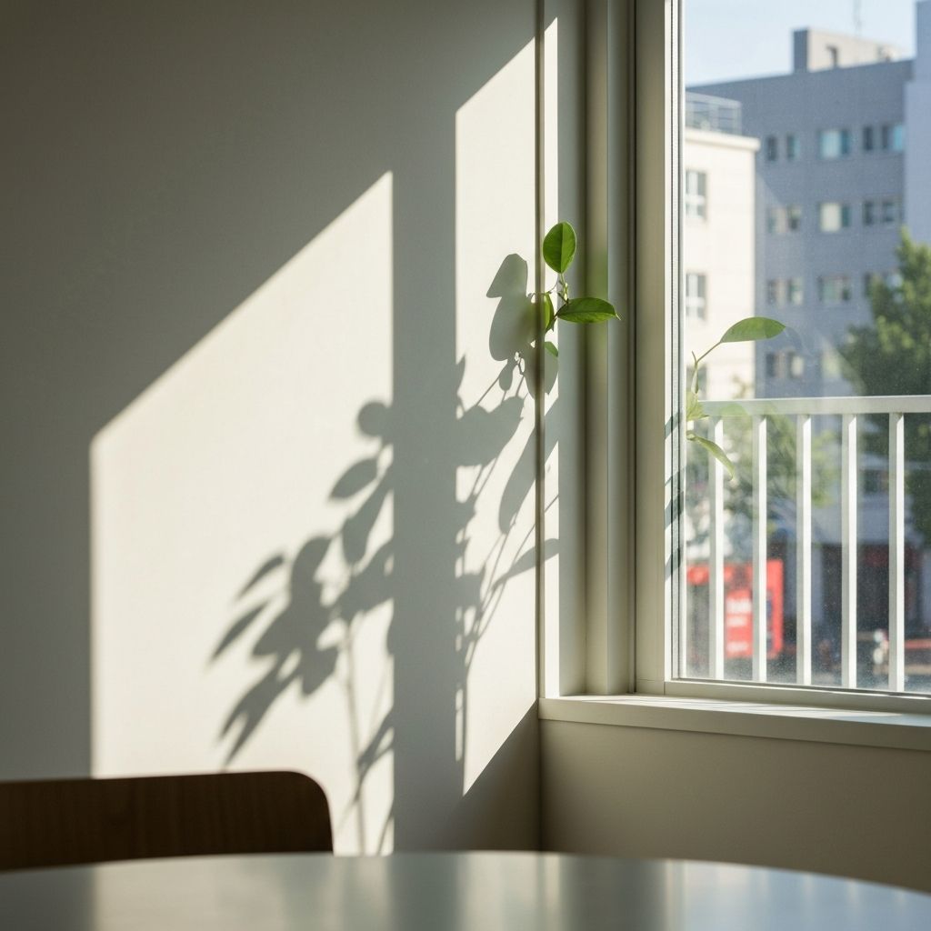 Natürliches Sonnenlicht strömt durch ein sauberes Apartmentfenster, weiches diffuses Licht, minimalistisches Interieur