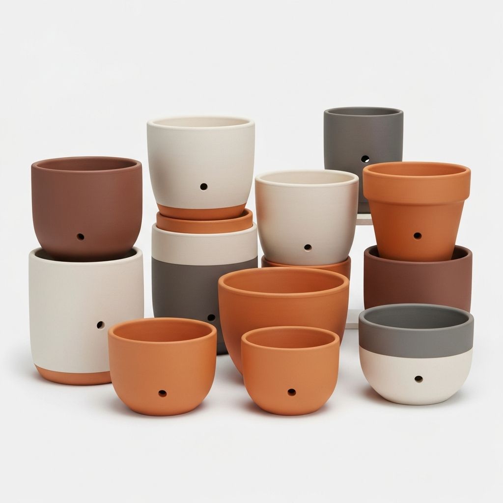 Sammlung moderner Keramik- und Terrakotta-Töpfe verschiedener Größen für Sukkulenten, sauberes minimalistisches Design